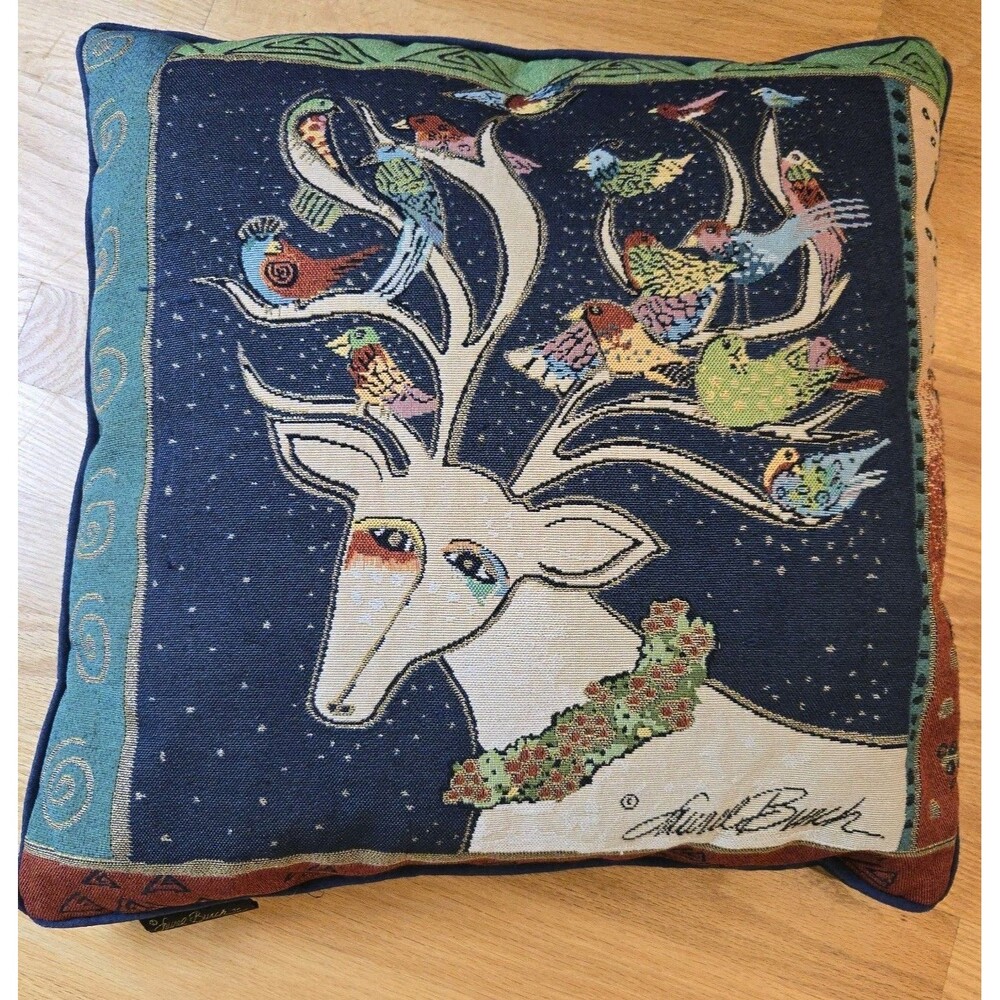 Laurel Burch Tapestry Throw Pillow‎ Reindeer Birds Holiday 17" Blue Velvet Back